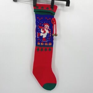 Christmas Stocking Snowman Knit Red Green Blue Bells Hanging Holiday Decor VTG